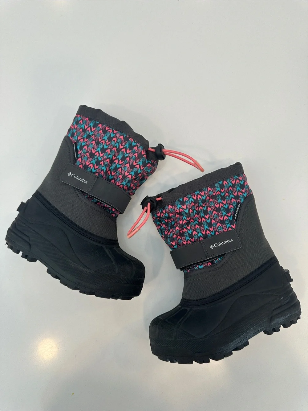 Columbia Gray Kids Snow Boots with Pink & Teal Chevron Cuff- toddler